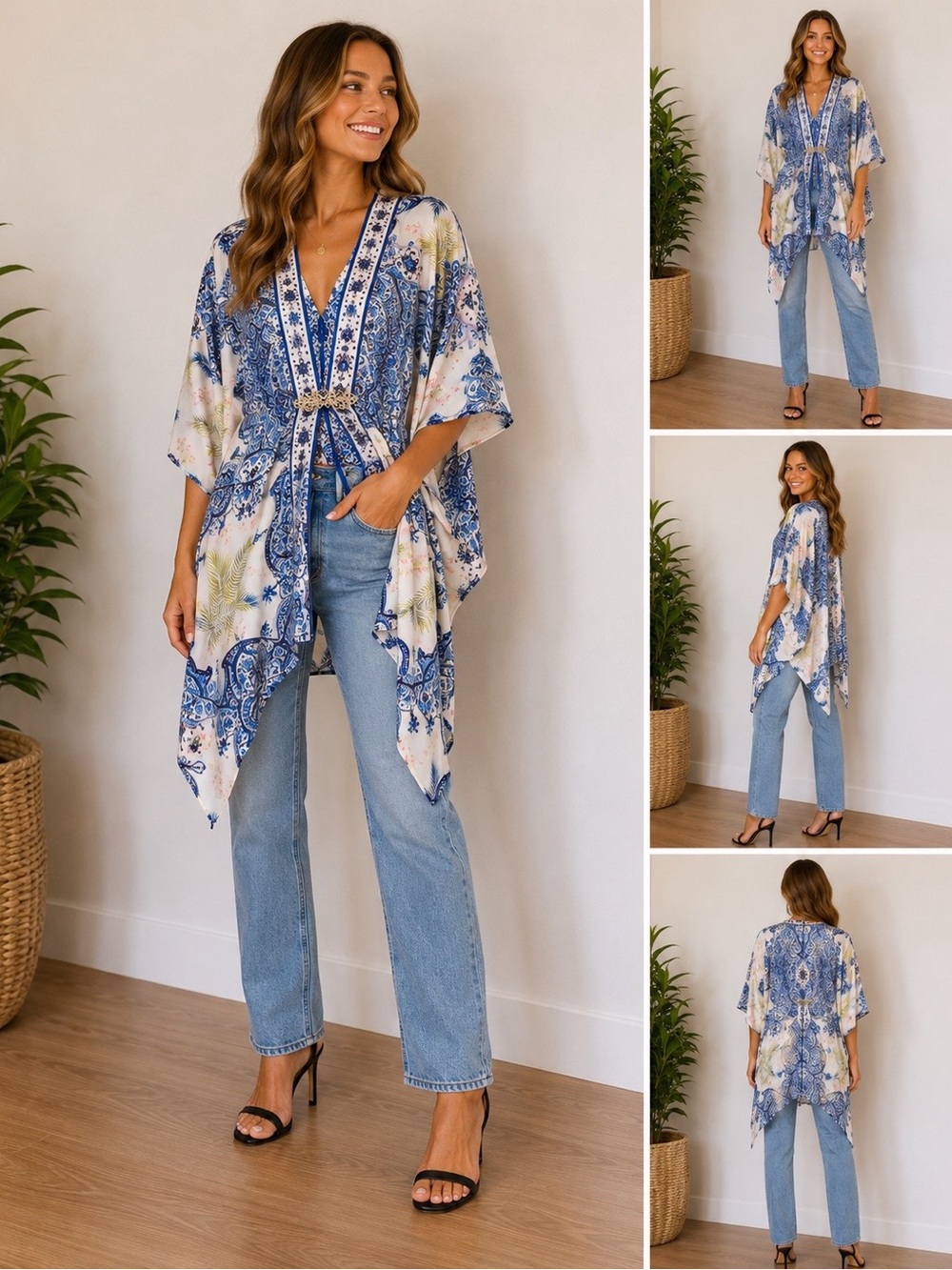 Bold Elements Blue Paisley Floral Kimono Cardigan Cover Up One Size Boho